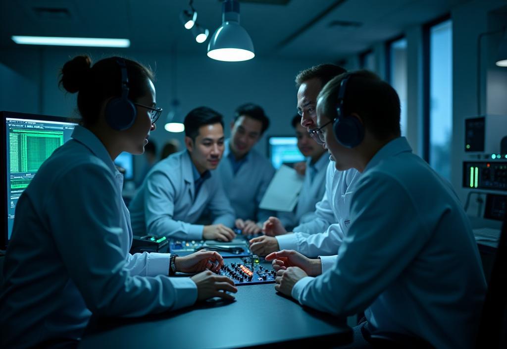 Professional audio engineers collaborating in a state-of-the-art R&D lab.