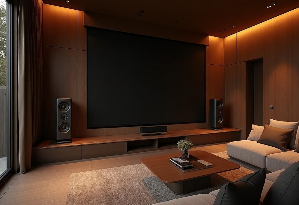 High-end home theater speaker system in a modern living room.